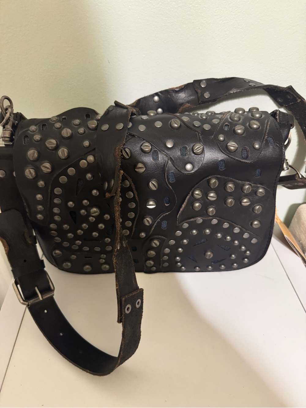 Patricia Nash Black Studded Leather Crossbody Saddle Bag